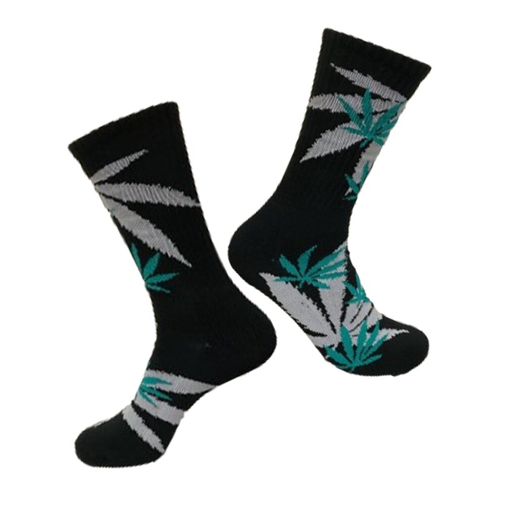 Marijuana Weed Leaf Men/Women sport socks (S4-Black w/ Grey & Teal Leaves)